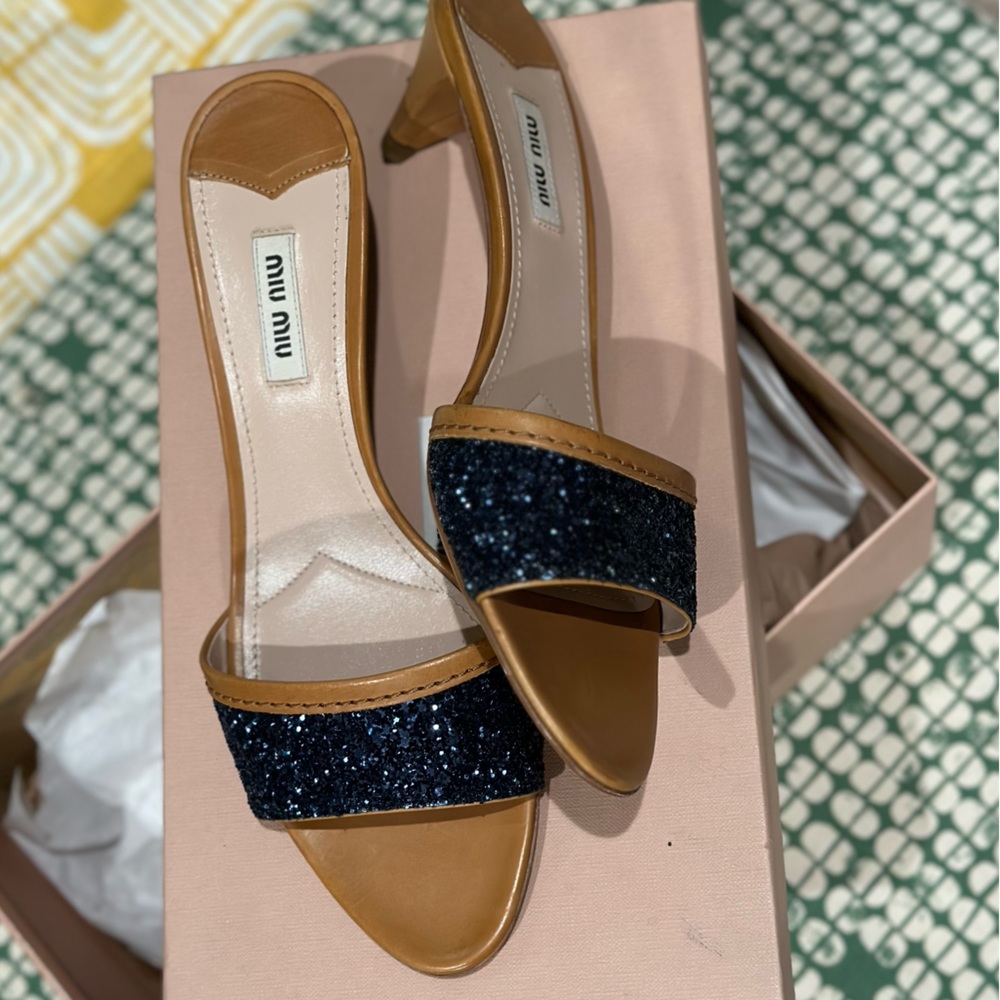 NEW Miu Miu Glitter and Leather Heel Sandal